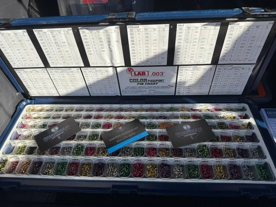 Rekey kit with color-coded lock pins and pinning charts